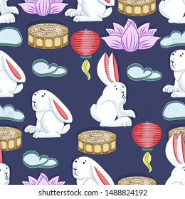 Mid autumn festival background with rabbits, moon cake, lotus, clouds and chinese lanterns. Vector seamless pattern.