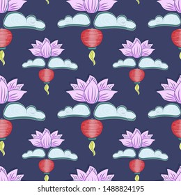 Mid autumn festival background with rabbits, moon cake, lotus, clouds and chinese lanterns. Vector seamless pattern.