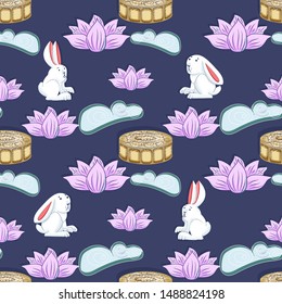 Mid autumn festival background with rabbits, moon cake, lotus, clouds and chinese lanterns. Vector seamless pattern.