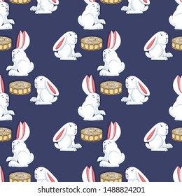 Mid autumn festival background with rabbits, moon cake, lotus, clouds and chinese lanterns. Vector seamless pattern.