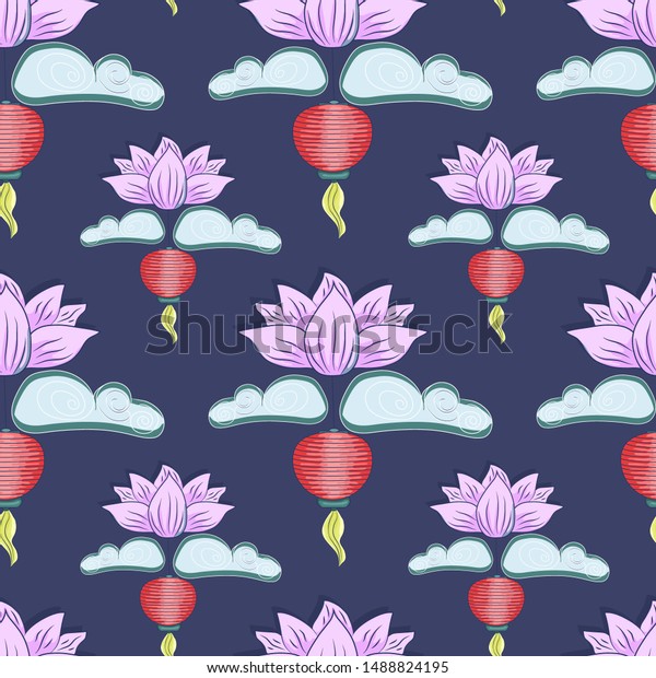 Mid autumn\
festival background with rabbits, moon cake, lotus, clouds and\
chinese lanterns. Vector seamless\
pattern.