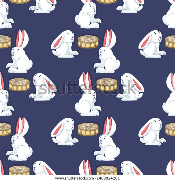 Mid autumn\
festival background with rabbits, moon cake, lotus, clouds and\
chinese lanterns. Vector seamless\
pattern.