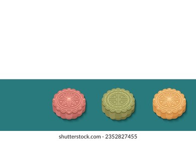 Mid autumn festival background. Simple mooncakes background. Matcha, strawberry, original moon cake.
