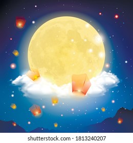 Mid Autumn Festival. Background Stars And Galaxies. Banner With Moonlight And Burning Lanterns In The Night Sky And Place For Text. Vector Illustration For Card, Poster, Invitation. China, Hong Kong.