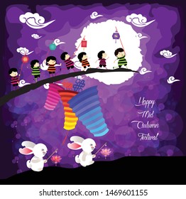 Mid Autumn Festival background withkid and rabbit playing lanterns