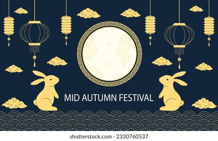 Mid Autumn Festival backgrounf with rabbit, full moon,clouds and Chinese lanterns.Chuseok.Vector illustration