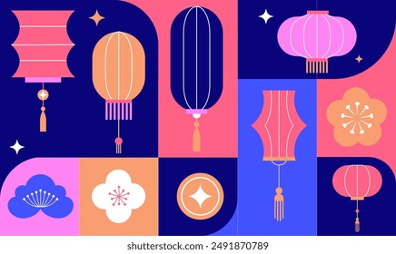 Mid Autumn festival banner, background and poster. Geometric style modern vector design with full moon, rabbits and Mid-Autumn elements. Chinese translation - Mid Autumn