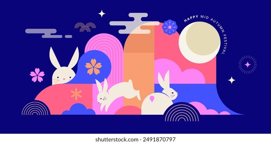 Mid Autumn festival banner, background and poster. Geometric style modern vector design with full moon, rabbits and Mid-Autumn elements. Chinese translation - Mid Autumn