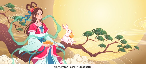 Mid Autumn Festival banner with beautiful Chang e enjoys full moon and mooncakes on a pine tree branch