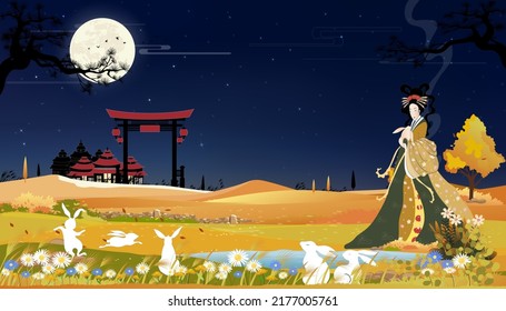 Mid Autumn Festival banner with beautiful Chang e holding jade rabbits with full moon at night, Vector illustration cartoon mid autumn festival with Chinese Goddess of Moon and white rabbits