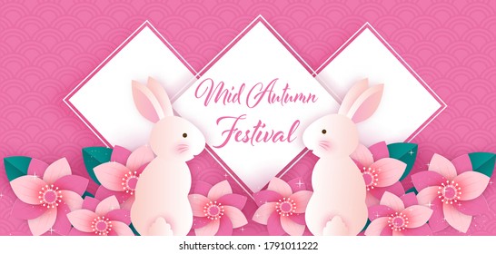 Mid autumn festival banner with cute rabbits .