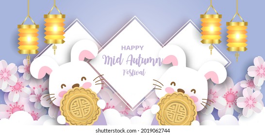 Mid autumn festival banner with cute rabbits and a mooncake  in paper cut style