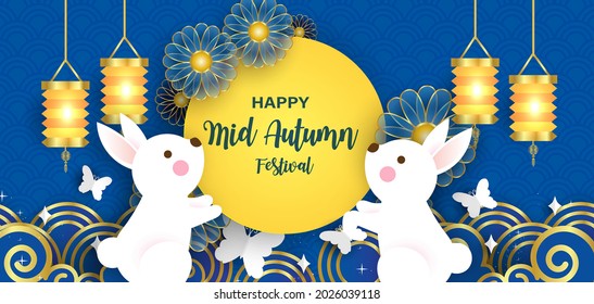 Mid Autumn Festival banner with cute rabbits in paper cut style.