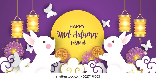 Mid Autumn Festival banner with cute rabbits in paper cut style.