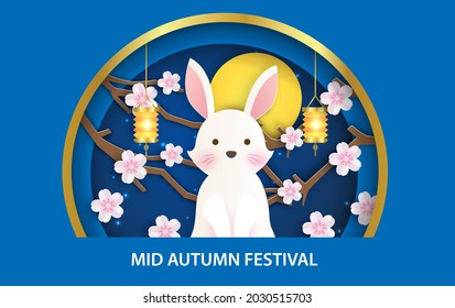 Mid Autumn Festival banner with cute rabbits in paper cut style.