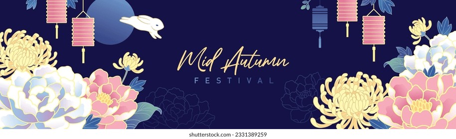 Mid Autumn Festival banner design with beautiful blossom flowers, lanterns and rabbit.