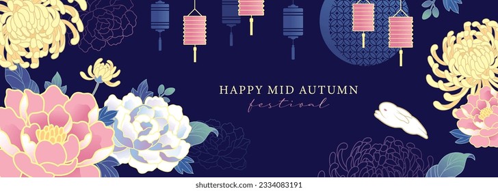 Mid Autumn Festival banner design with beautiful blossom flowers, lanterns and rabbit.