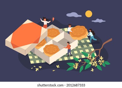 Mid Autumn Festival Banner. Flat Illustration Of Family Sharing A Mooncake Gift Box On Picnic Plaid With Osmanthus Branch At Night