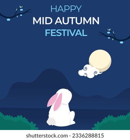 Mid Autumn Festival banner. Moon rabbit holiday celebration. 15th day of the 8th lunar month written in Chinese