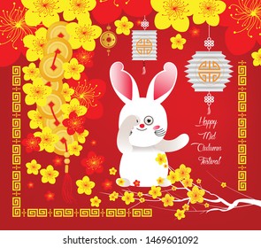 Mid autumn festival. Blossom, rabbit and lanterns background