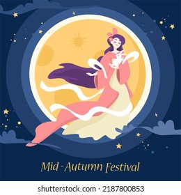 Mid autumn festival blue background, chang'e and jade rabbit enjoy the full moon watching vector illustration