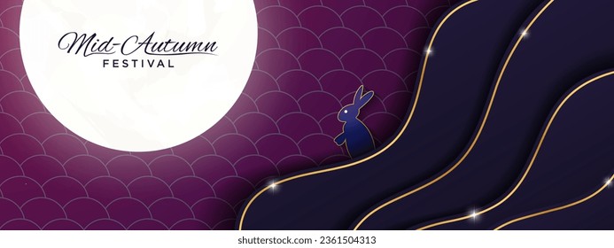 Mid- Autumn Festival Blue Night Paper cutout origami banner. Bright Full Moon in the sky on oriental patterned background, with paper cutout waves and a little bunny looking into the moon. Vector.
