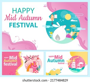 Mid autumn festival calendar greetings design template. Postcard in chinese style with national symbols. Greeting card for eastern holiday season. Banner for autumn festival vector illustration