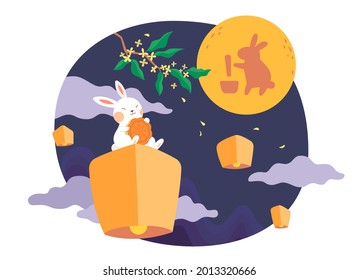 Mid Autumn Festival Card Design With The Rabbit Character. Flat Illustration Of Jade Rabbit Holding Mooncake Sitting On Sky Lantern And Watching Full Moon