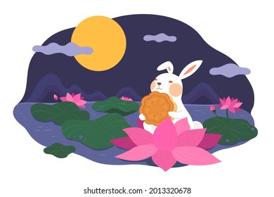 Mid autumn festival card design with the rabbit character. Flat illustration of jade rabbit holding mooncake and sitting leaf on lotus ponmd at night