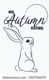 Festivalkarte Mitte Herbst mit Linie Kaninchen auf weiß. Minimalistisches Hintergrund-Vektorkonzept. Bunny wundert sich bewundernswert Blick auf den Mond