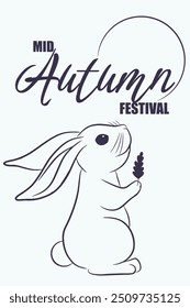 Festivalkarte Mitte Herbst mit Linie Kaninchen auf weiß. Minimalistisches Hintergrund-Vektorkonzept. Bunny wundert sich bewundernswert Blick auf den Mond und halten Pflanze in seinen Pads