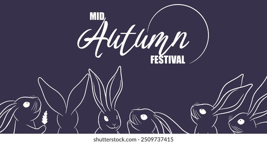 Mid autumn festival card with line rabbits on white. Background vector concept