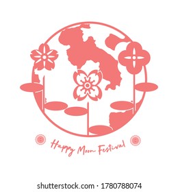 mid autumn festival card with moon and flowers line style icon vector illustration design