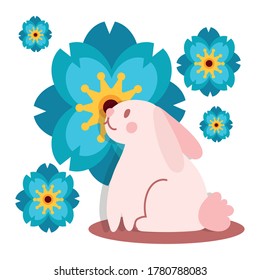 mid autumn festival card with rabbit and flower flat style icon vector illustration design
