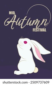 Mid autumn festival card with white rabbit with his pads touching muzzle and ears lowered. Minimalistic background vector concept. Bunny sit with his back on blue