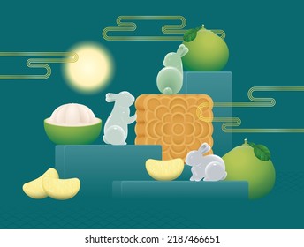 Mid Autumn Festival Celebration Decorate With Jade Rabbit And Pomelo