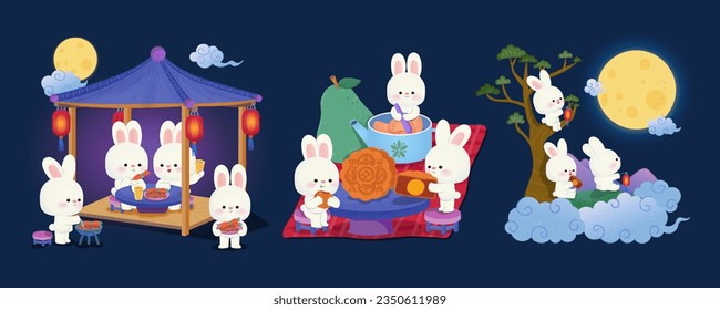 Mid autumn festival celebration elements isolated on dark blue background. Rabbit family celebrating the holiday by having barbecue, eating mooncake and pomelo and moon viewing.