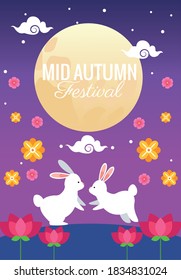 mid autumn festival celebration with rabbits couple in garden vector illustration design
