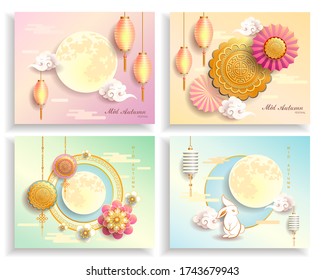 Mid autumn festival / Chinese festival with the moon, moon cake, lantern, blow, rabbit and flowers on color paper. Vector illustration