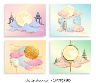 Mid autumn festival / Chinese festival with the moon, moon cake, lantern, blow, rabbit and flowers on color paper. Vector illustration