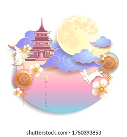 Mid autumn festival / Chinese festival with the moon, moon cake, cloud, rabbits and flowers on white paper. Vector illustration