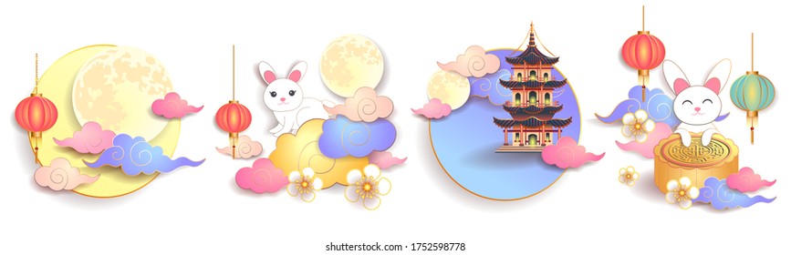 Mid autumn festival / Chinese festival with the moon, moon cake, pagoda, cloud, lantern, rabbits and flowers on white paper. Vector illustration