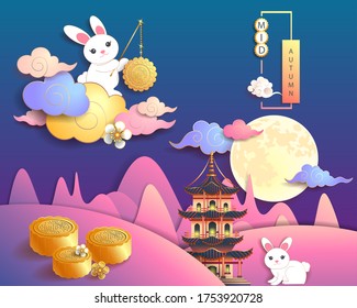 Mid autumn festival / Chinese festival with the moon, moon cake, cloud, pagoda, rabbits and flowers on blue paper. Vector illustration