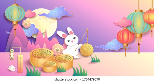 Mid autumn festival / Chinese festival with the moon, moon cake, cloud, rabbit, lantern and flowers on color paper. Vector illustration