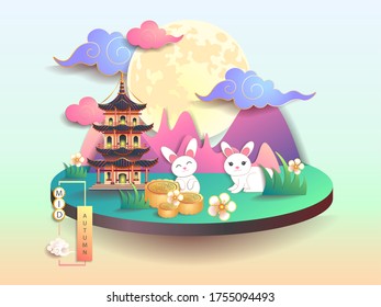 Mid autumn festival / Chinese festival with the moon, moon cake, pagoda, cloud, rabbits and flowers on color paper. Vector illustration