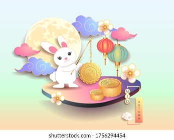 Mid autumn festival / Chinese festival with the moon, moon cake, cloud, rabbit, lantern and flowers on color paper. Vector illustration