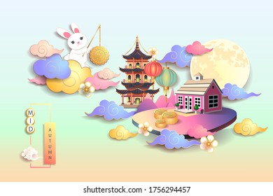 Mid autumn festival / Chinese festival with the moon, moon cake, cloud, rabbit, pagoda, lantern, house and flowers on color paper. Vector illustration