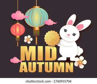 Mid autumn festival / Chinese festival with moon cake, cloud, rabbit, lantern and flowers on black paper. Vector illustration