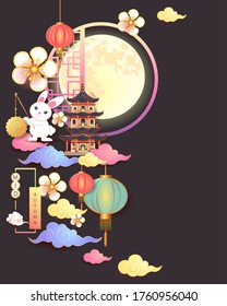 Mid autumn festival / Chinese festival with the moon, rabbit, moon cake, cloud, pagoda, lantern and flowers on black paper. Vector illustration