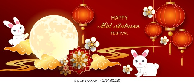 Mid autumn festival / Chinese festival with the moon, rabbits, cloud, lantern and flowers on red paper. Vector illustration